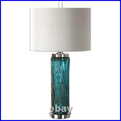 1 Light Contemporary Column Table Lamp with Blue Glass With Bronze Sugar Spun