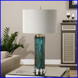 1 Light Contemporary Column Table Lamp with Blue Glass With Bronze Sugar Spun
