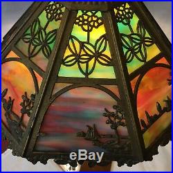 1908-1910 Art Nouveau Bradley & Hubbard Sunset Glass Lake Scene Table Lamp