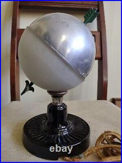 1930s Machined Aluminum and Frosted Glass Globe Table Lamp with Green Arrow