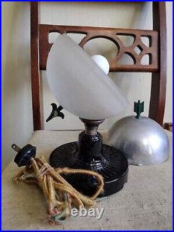 1930s Machined Aluminum and Frosted Glass Globe Table Lamp with Green Arrow