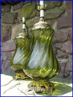 1960s Pair Vintage Green Optic Swirl Glass Accurate Casting Lamps Regency Style