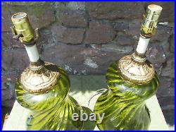 1960s Pair Vintage Green Optic Swirl Glass Accurate Casting Lamps Regency Style