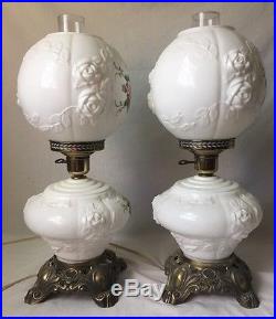 2 Gone w the Wind Puffy Rose Lamps Vintage Electric Milk Glass Fenton or Phoenix