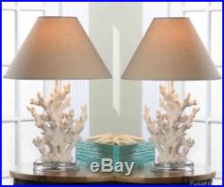 2 IVORY WHITE CORAL TABLE LAMPS Round Base Beige Neutral Shade Beach Ocean Decor