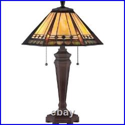2 Light Mission Tiffany Table Lamp with Geometric Stained Glass Panels and Pull