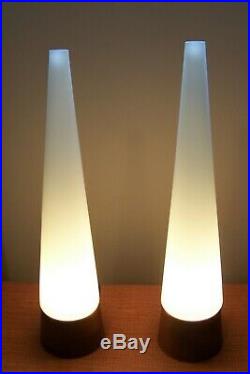 2 MID CENTURY MODERN SPACE AGE Walnut White Frosted Glass Tall Lamps EUC