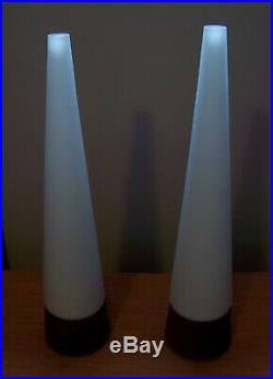 2 MID CENTURY MODERN SPACE AGE Walnut White Frosted Glass Tall Lamps EUC