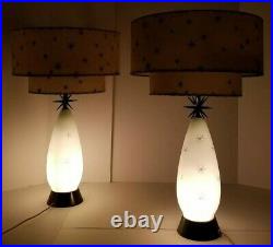 (2) Mid Century Modern Milk Glass Atomic 3D Starburst Lamps Fiberglass Shades