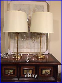 2 (Pair) New Ralph Lauren Glass Cylinder Brass Payton Table Lamp Signed