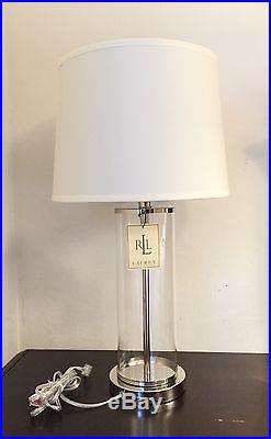 2 RARE RALPH LAUREN PAYTON GLASS CYLINDER SILVER TABLE LAMP BRAND NEW with TAG