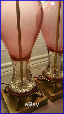2 Rare MURANO Art Glass & Brass Mid Century Table Lamps Cranberry/Pink