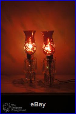 2 Victorian Style Ruby Glass Etched Hurricane Budoir Crystal Table Lamps Prisms