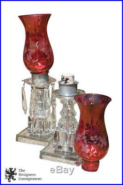 2 Victorian Style Ruby Glass Etched Hurricane Budoir Crystal Table Lamps Prisms