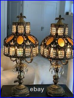 2 Vintage Brass Filigree Stained Slag Glass Hollywood Regency Lamp 38 Tall