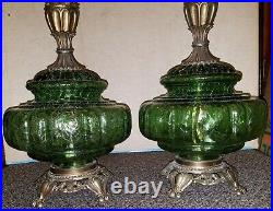 2 Vintage MCM Hollywood Regency Table Lamps withNight Light Green Glass Base