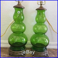 2 Vintage MID CENTURY Modern MCM RETRO 1960's 70's Green Glass Lamps Castilian