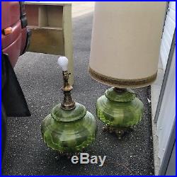 2 Vintage MIDCENTURY RETRO 1972 EF EF INDUStries Green Glass Table Lamps
