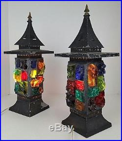 (2) Vtg Mid Century Colored Chunk Glass Gothic Lamps Lanterns Peter Marsh Style