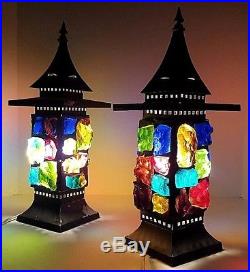 (2) Vtg Mid Century Colored Chunk Glass Gothic Lamps Lanterns Peter Marsh Style