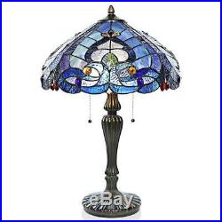 24.25 in. Tiffany Style Blue Indoor Table Lamp Stained Glass Sea Shore Shade