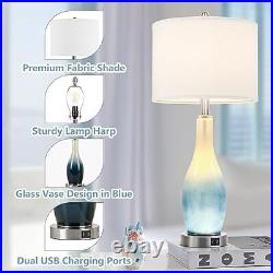 26in Tall Glass Table Lamps Set of 2 with 2 USB Charging Ports & LED Nightlight