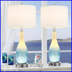 26in Tall Glass Table Lamps Set of 2 with 2 USB Charging Ports & LED Nightlight