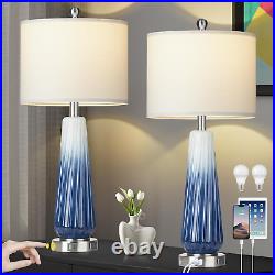 28 Blue Glass Modern Table Lamps Set of 2, Glass Bedside Lamps with 2 USB Ports