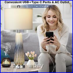 28 Blue Glass Modern Table Lamps Set of 2, Glass Bedside Lamps with 2 USB Ports