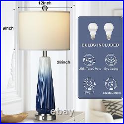 28 Blue Glass Modern Table Lamps Set of 2, Glass Bedside Lamps with 2 USB Ports