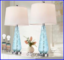 28 Blue Glass Table Lamp Set of 2, Modern Table Lamps with USB Ports 3 Ways Dim
