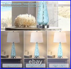 28 Blue Glass Table Lamp Set of 2, Modern Table Lamps with USB Ports 3 Ways Dim