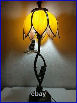 28 TIFFANY STYLE SLAG STAINED GLASS MONKEYS On A PALM TREE TABLE LAMP