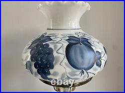 3 Way GWTW Hurricane Parlor Lamp Blue Grapes Painted Milk Glass Lighted Base VTG