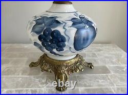 3 Way GWTW Hurricane Parlor Lamp Blue Grapes Painted Milk Glass Lighted Base VTG