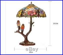 4 Light Tiffany Style Table Lamp Hand Cut Stained Glass Birds Flowers Desk Cord