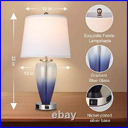 AKASUKI Blue Glass Modern Table Lamp for Living Room Set of 2 with USB