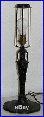 ANTIQUE 12 PANEL BENT SLAG GLASS TABLE LAMP with OVERLAY HANDEL B&H ERA