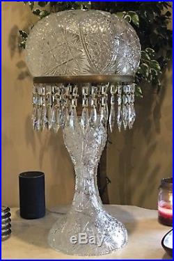 ANTIQUE AMERICAN BRILLIANT CUT GLASS CRYSTAL MUSHROOM SHADE LAMP With PRISMS 26.5