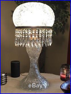 ANTIQUE AMERICAN BRILLIANT CUT GLASS CRYSTAL MUSHROOM SHADE LAMP With PRISMS 26.5