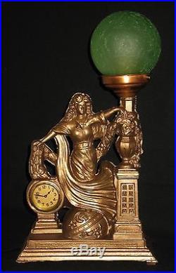 ANTIQUE ART NOUVEAU MANTLE/SHELF/TABLE LAMP withCLOCK GREEN CRACKLE GLASS GLOBE