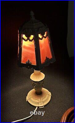 ANTIQUE Art Nouveau Boudoir Metal Table Lamp WithPink Panel Slag Glass Shade 14.5