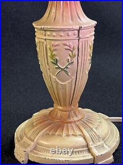 ANTIQUE Art Nouveau Boudoir Metal Table Lamp WithPink Panel Slag Glass Shade 14.5