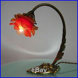 ANTIQUE BRONZE DEVIL'S HEAD FRENCH TABLE LAMP with ROSE PETALS GLASS LIGHT SHADE