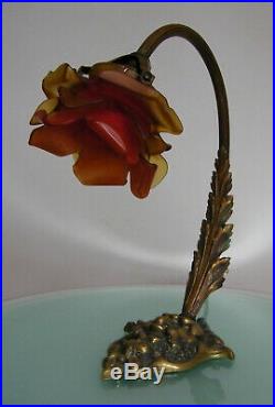 ANTIQUE BRONZE DEVIL'S HEAD FRENCH TABLE LAMP with ROSE PETALS GLASS LIGHT SHADE