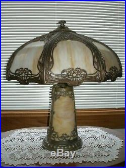 ANTIQUE LIGHTED BASE SLAG GLASS 8 PANEL ELECTRIC TABLE LAMP Fully Restored