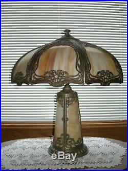 ANTIQUE LIGHTED BASE SLAG GLASS 8 PANEL ELECTRIC TABLE LAMP Fully Restored