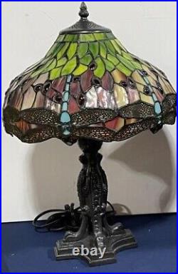 AWESOME Tiffany Style Dragonfly STAINED GLASS Table Lamp With Metal Base