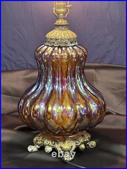 Absolutely Stunning Vintage Carnival Glass Iridescent Table Lamp Tested/Working