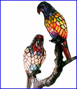 Accent Table Lamp Handmade Tiffany Style Stained Glass Exotic Birds Metal Base